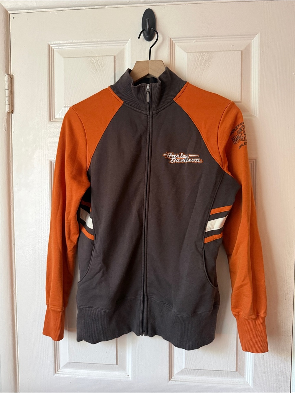 Harley Davidson Brown and Orange Zip Up Sweatshirt size medium